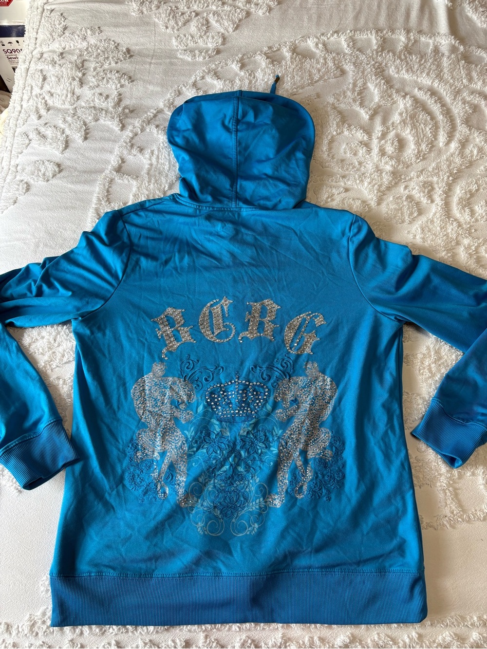 Y2K BCBGMAXAZRIA blue zip up hoodie with rhinestone logo